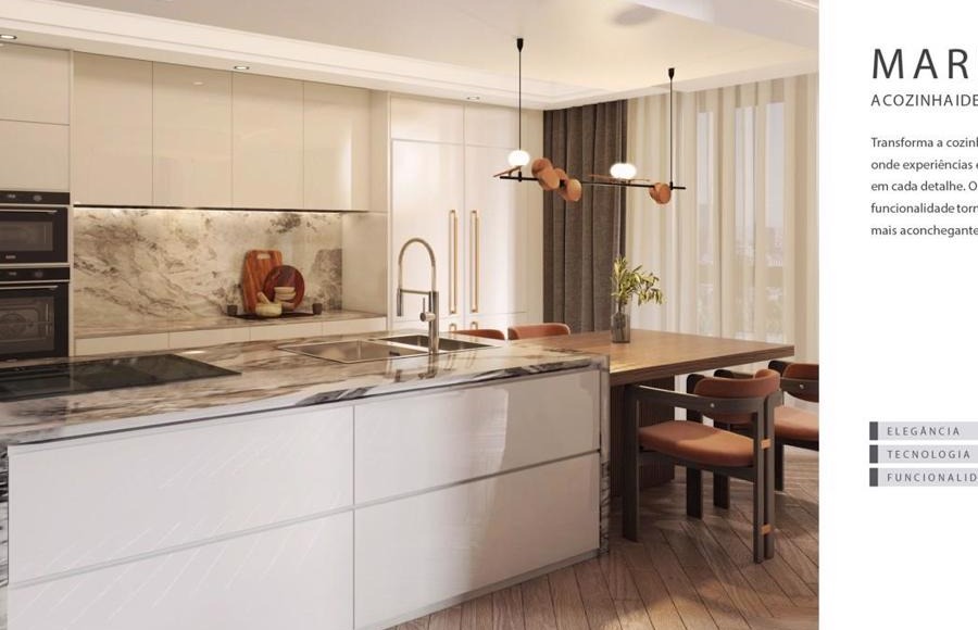 Cozinha Franke com integração elegante entre bancada, jantar e eletros