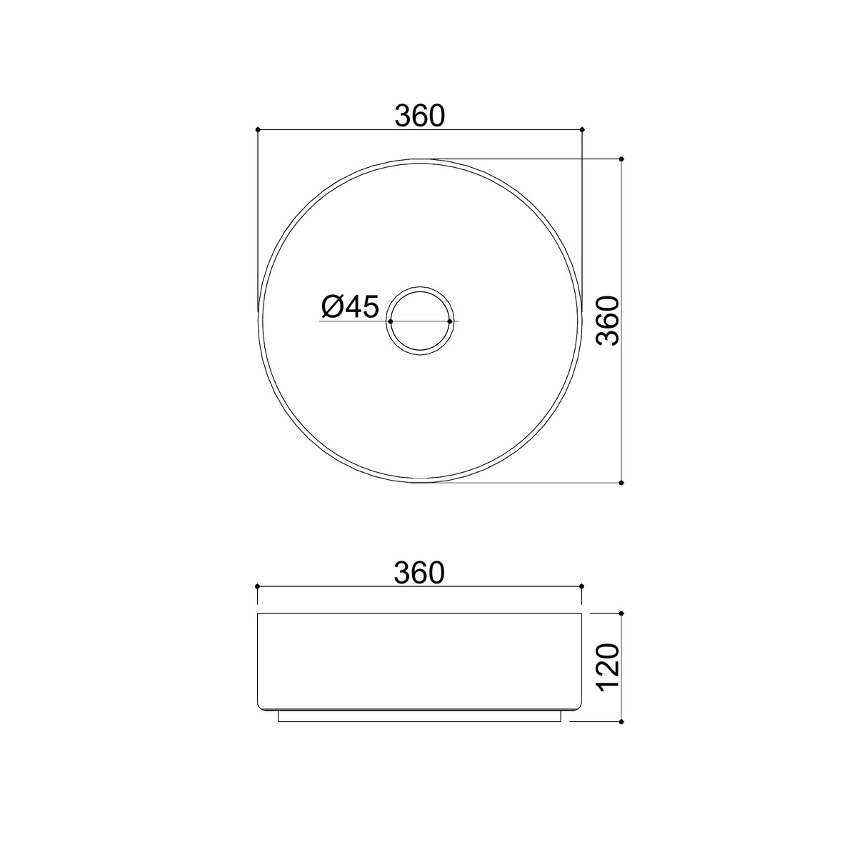 Cuba de Aço Inox para Lavatório Rubinettos Metalle CUB1033 Aço Escovado Ø 36 cm — desenho técnico oficial com medidas