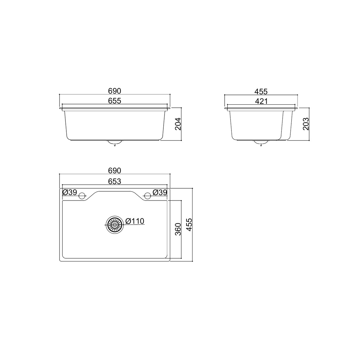 Cuba de Inox para Cozinha Rubinettos Gourmet Smart CUB2031 Sobrepor 69 x 45 cm — desenho técnico oficial com medidas