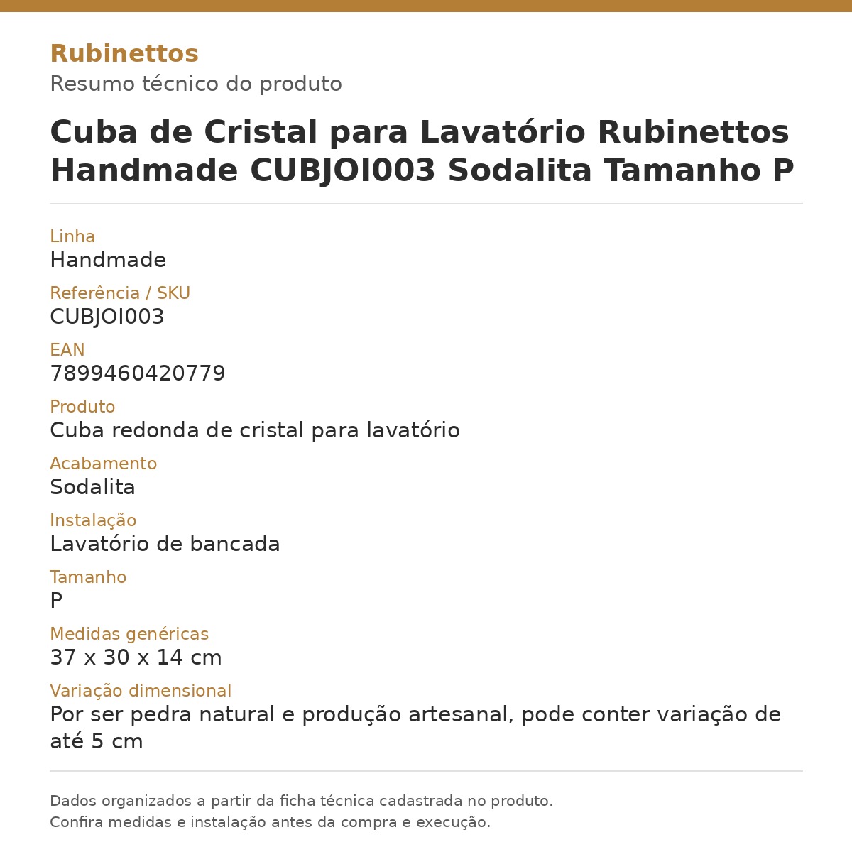 Cuba de Cristal para Lavatório Rubinettos Handmade CUBJOI003 Sodalita Tamanho P — card técnico com dados da ficha do produto