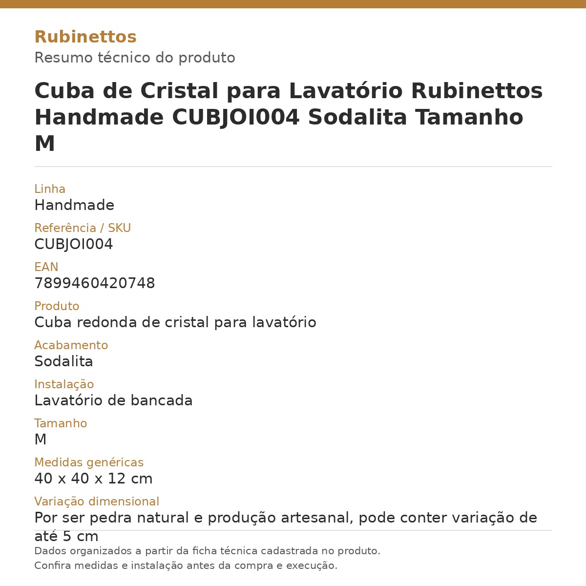 Cuba de Cristal para Lavatório Rubinettos Handmade CUBJOI004 Sodalita Tamanho M — card técnico com dados da ficha do produto