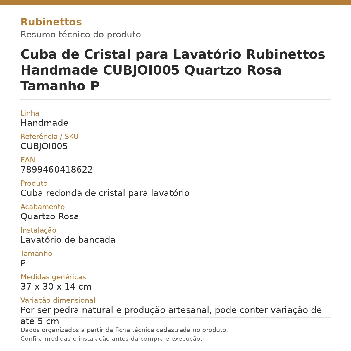 Cuba de Cristal para Lavatório Rubinettos Handmade CUBJOI005 Quartzo Rosa Tamanho P — card técnico com dados da ficha do produto