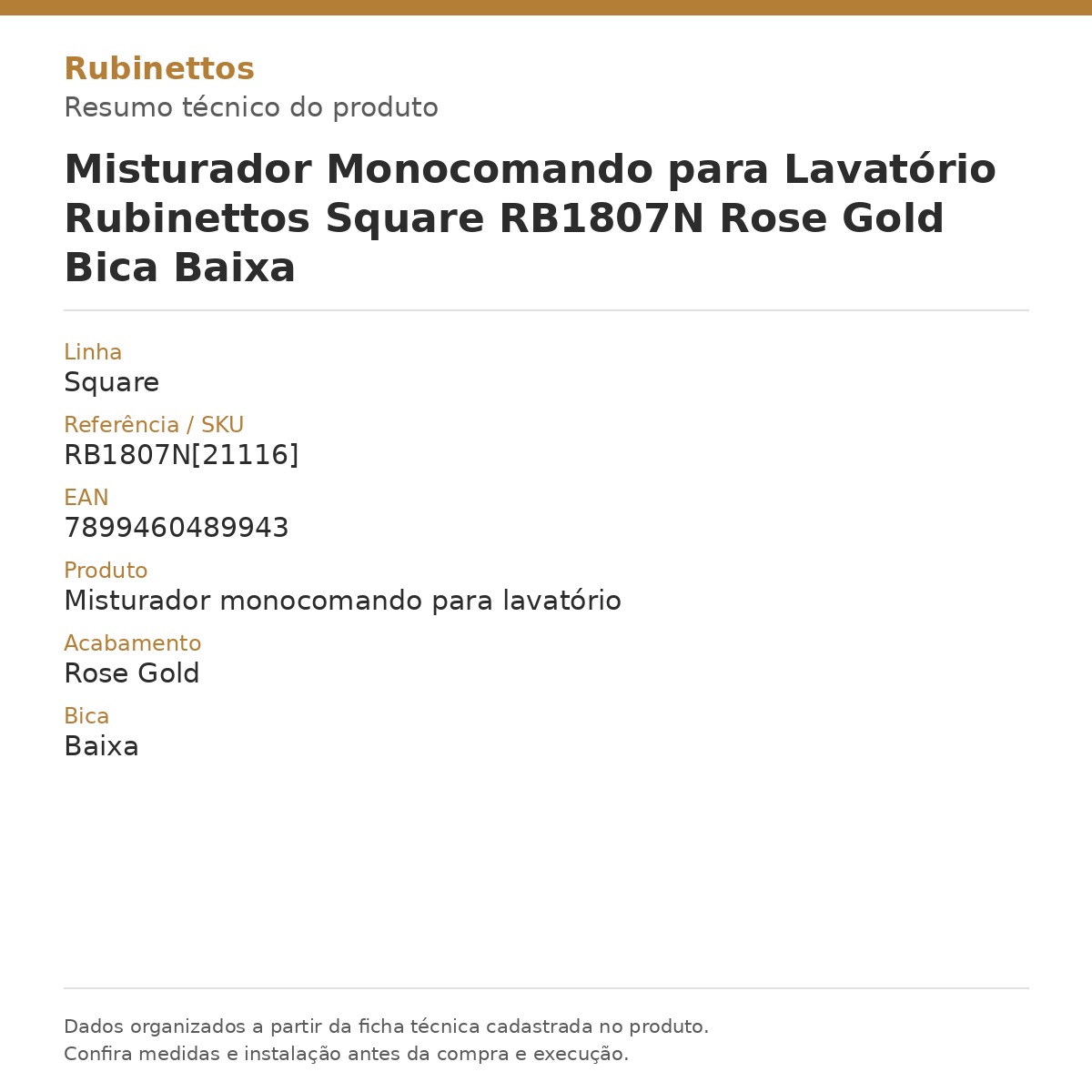Misturador Monocomando para Lavatório Rubinettos Square RB1807N Rose Gold Bica Baixa — card técnico com dados da ficha do produto