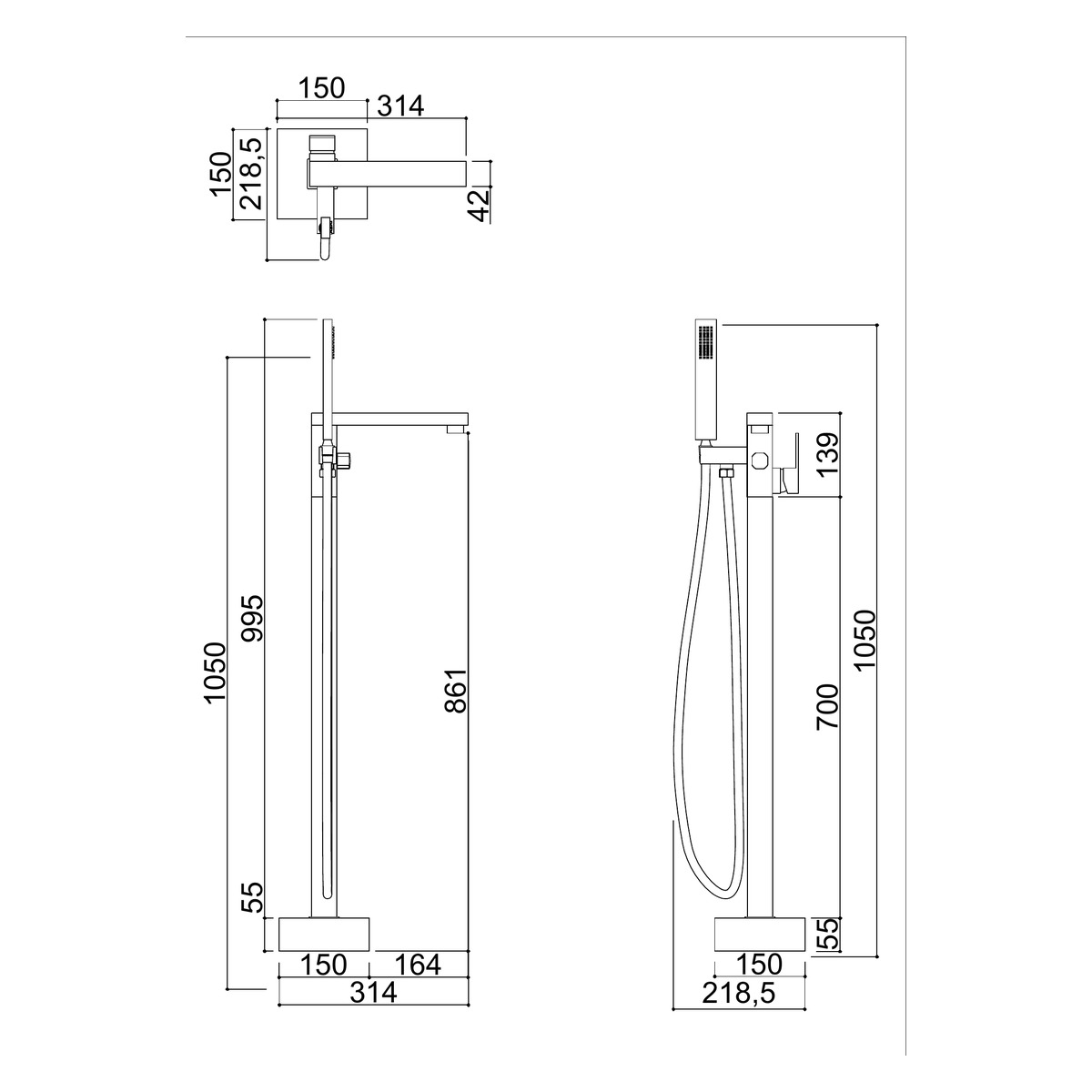 Misturador Monocomando de Coluna para Banheira Rubinettos Square RB2027 Titânio Escovado — desenho técnico oficial com medidas