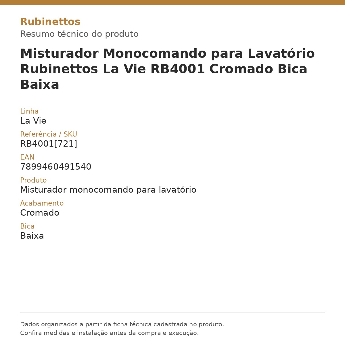 Misturador Monocomando para Lavatório Rubinettos La Vie RB4001 Cromado Bica Baixa — card técnico com dados da ficha do produto