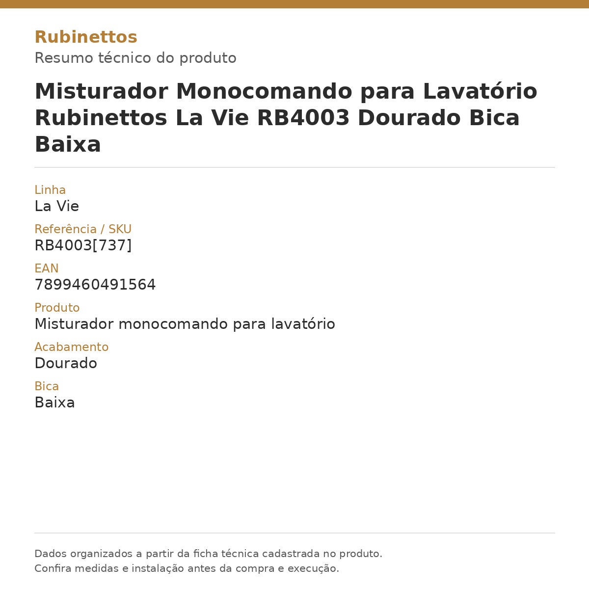 Misturador Monocomando para Lavatório Rubinettos La Vie RB4003 Dourado Bica Baixa — card técnico com dados da ficha do produto
