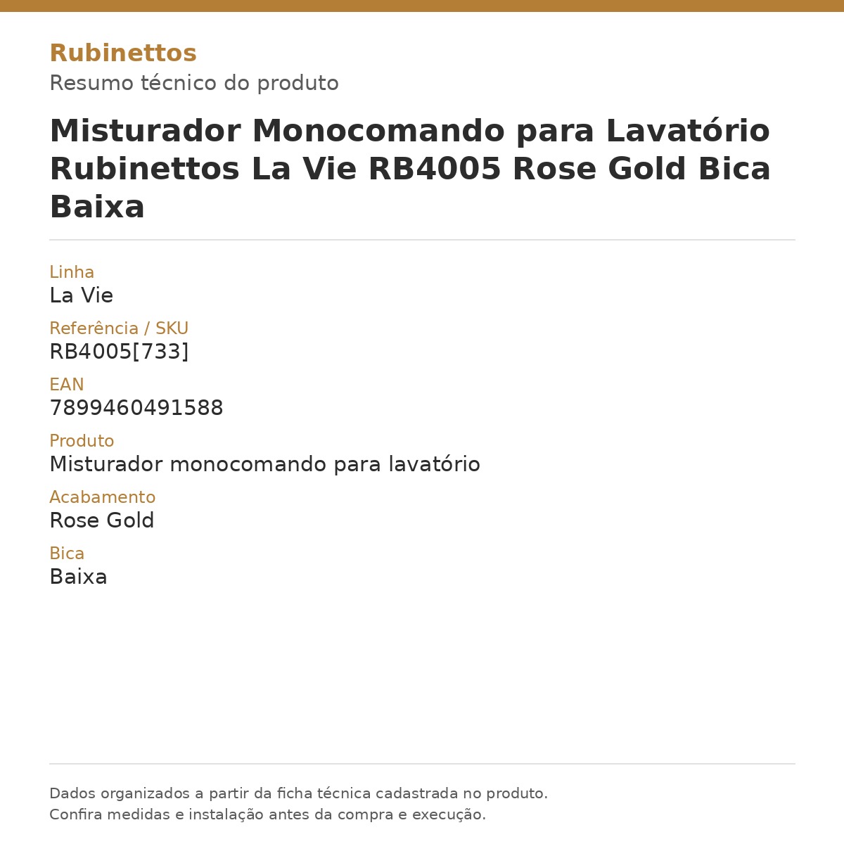 Misturador Monocomando para Lavatório Rubinettos La Vie RB4005 Rose Gold Bica Baixa — card técnico com dados da ficha do produto