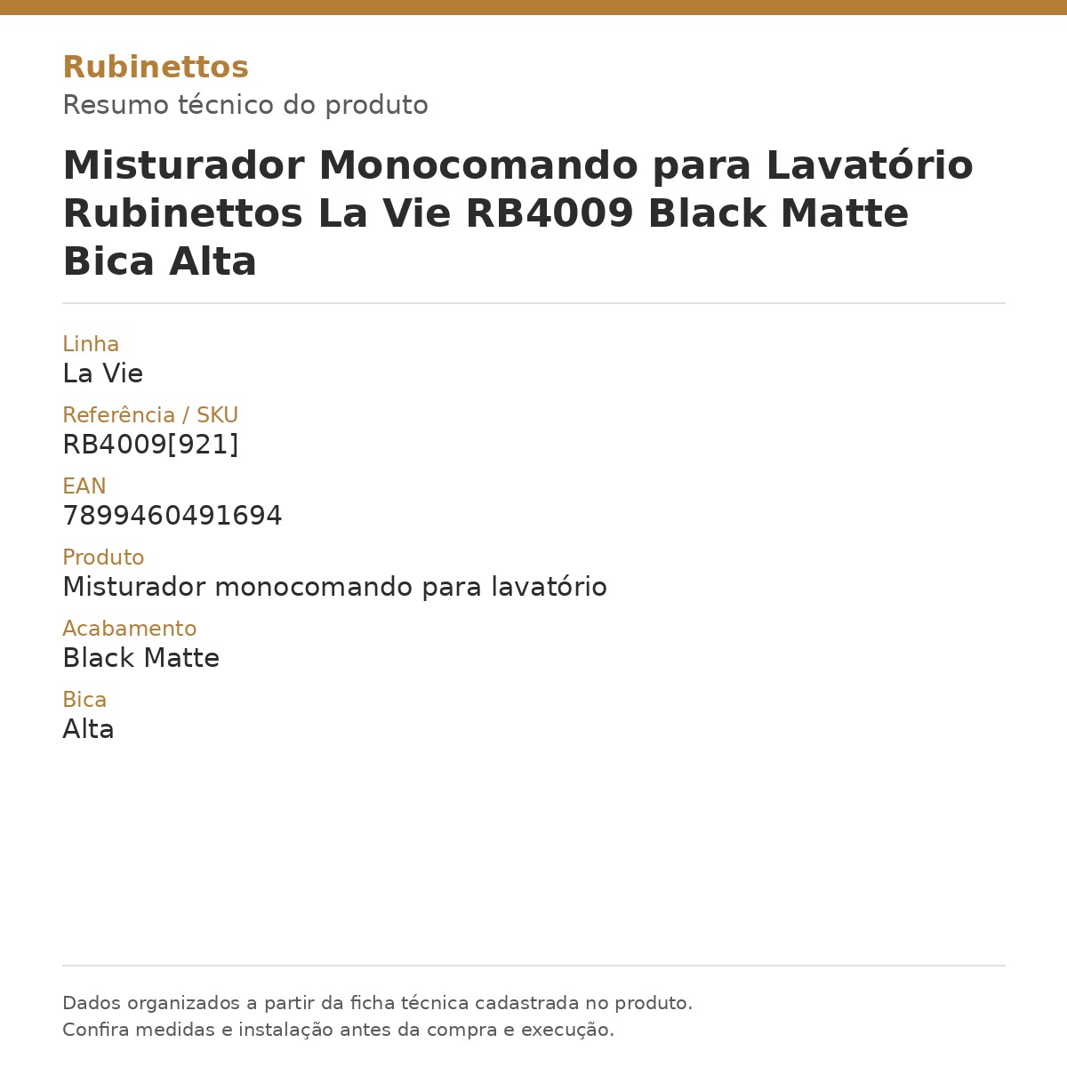 Misturador Monocomando para Lavatório Rubinettos La Vie RB4009 Black Matte Bica Alta — card técnico com dados da ficha do produto