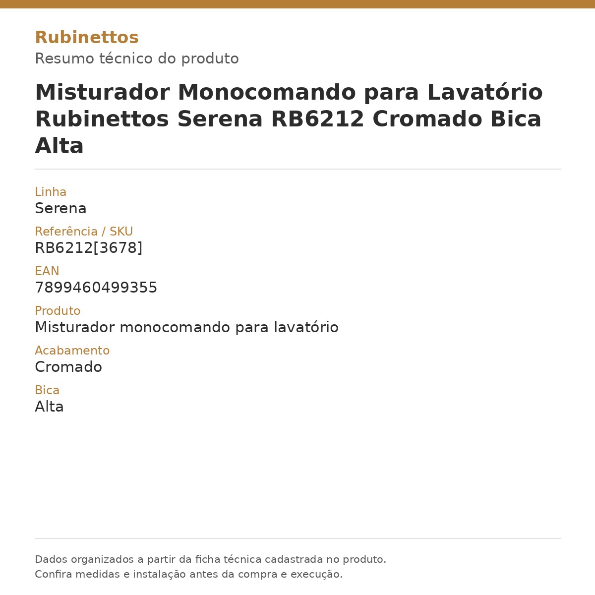 Misturador Monocomando para Lavatório Rubinettos Serena RB6212 Cromado Bica Alta — card técnico com dados da ficha do produto