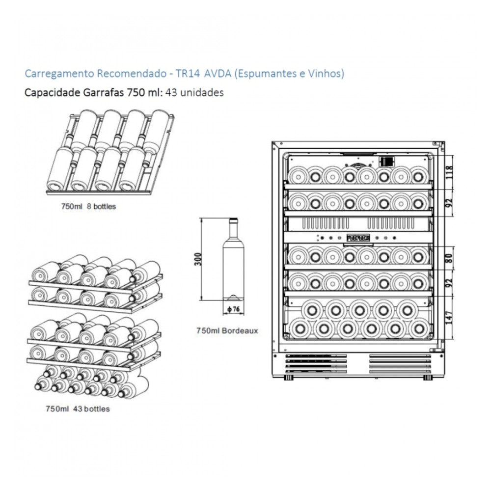 Conjunto Adega e Cervejeira Tecno Professional TR14AVDB + TR14CVDD 43 Garrafas + 136 Litros 120 cm Inox 220V