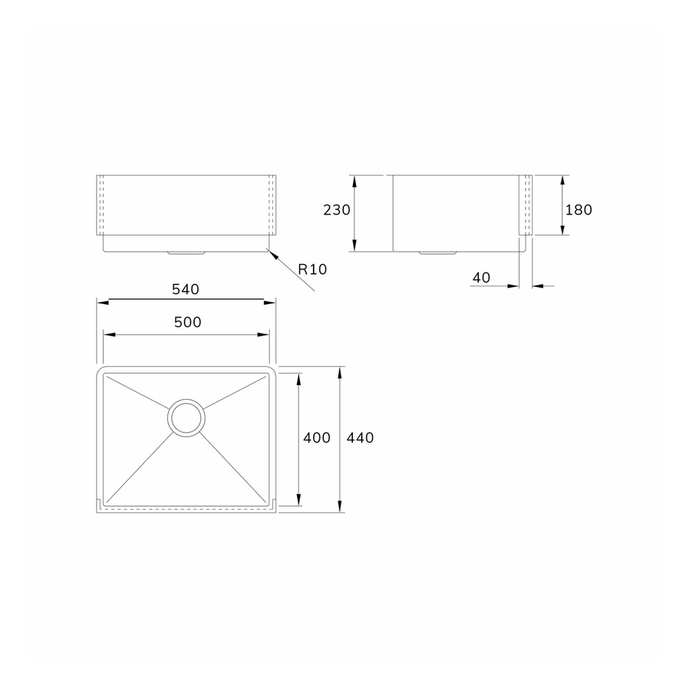 Cuba Mekal Farmhouse Sink FS-50 90016571016 Inox Escovado — desenho técnico com medidas